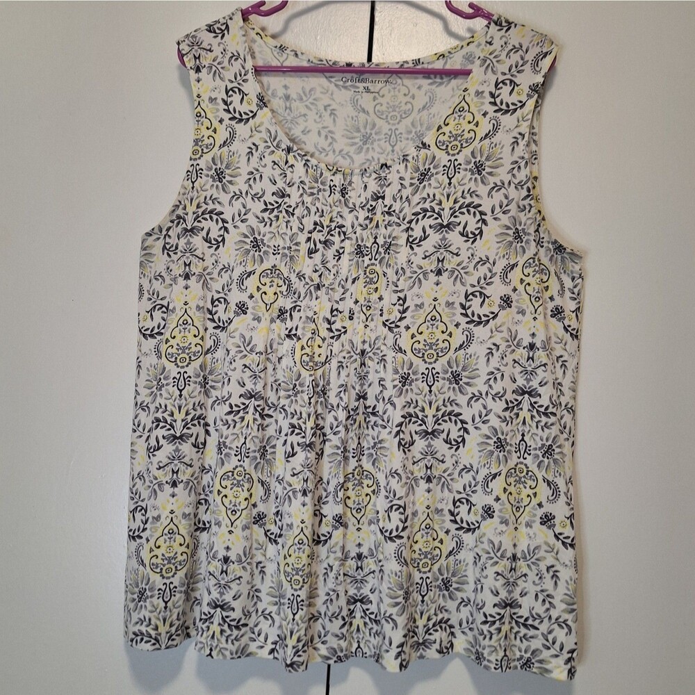 Croft & Barrow Pintuck Sleeveless Tank White Yellow Floral Xl